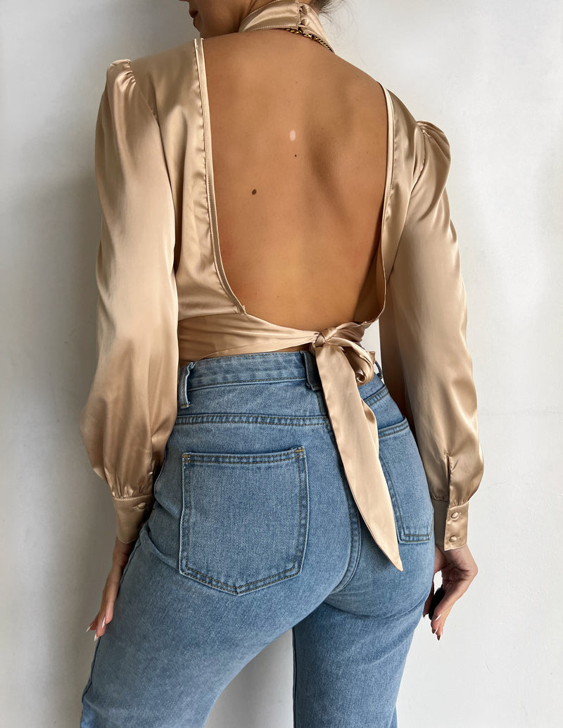 Naomi Satin Open Back Top In Pink/Gold