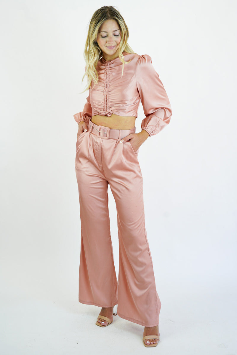 Claire Satin Front Cinch Top and Pants With Belt Set
