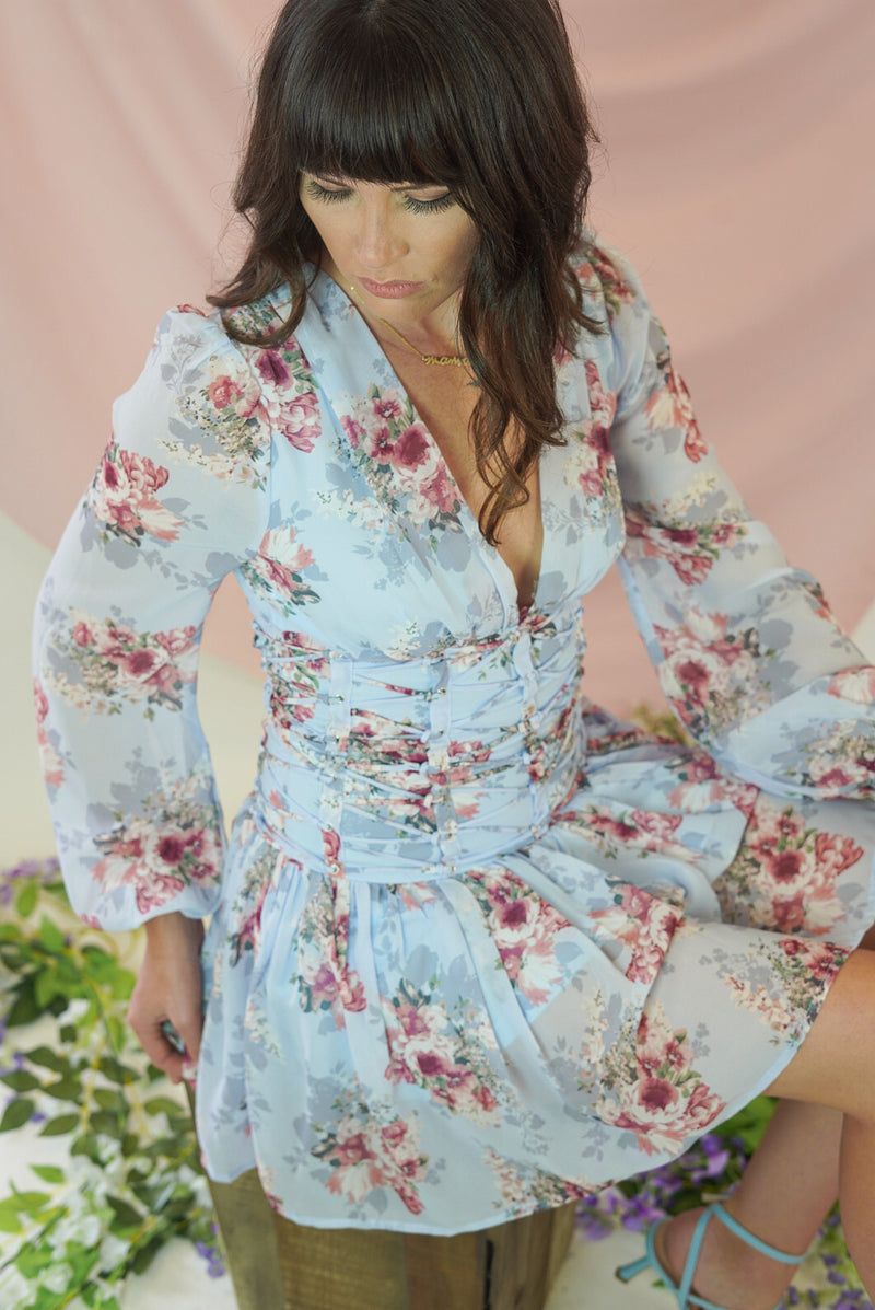 Amelia Floral Blue Corset Back Dress