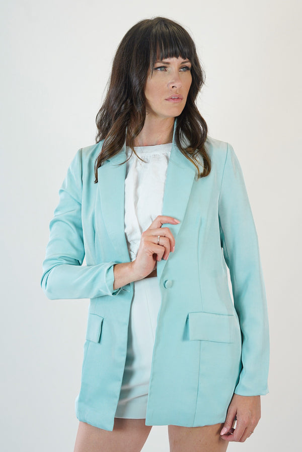 Blue Satin Front-Button Straight Cut Blazer