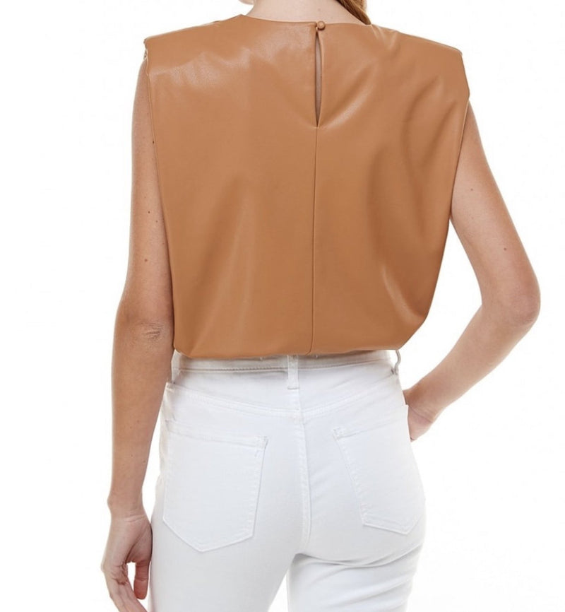 Natalie Leather Padded Shoulder Top Black/Brown