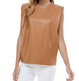 Natalie Leather Padded Shoulder Top Black/Brown