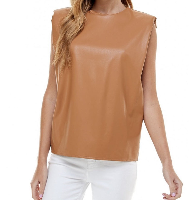 Natalie Leather Padded Shoulder Top Black/Brown