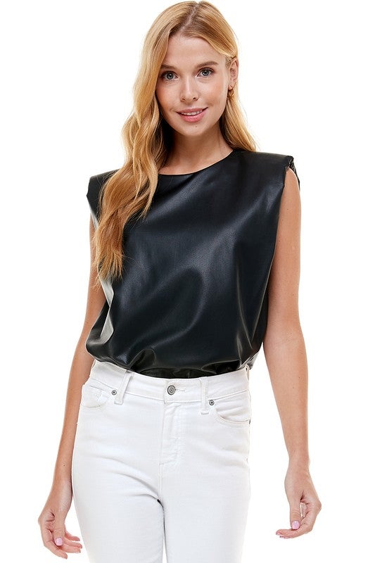 Natalie Leather Padded Shoulder Top Black/Brown